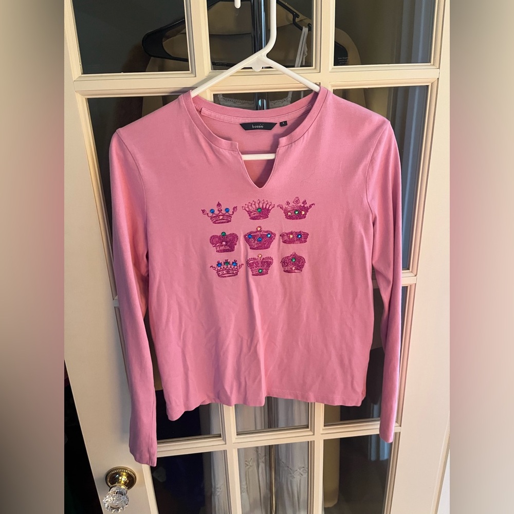 Y2K vtg pink crown print long-sleeve top
